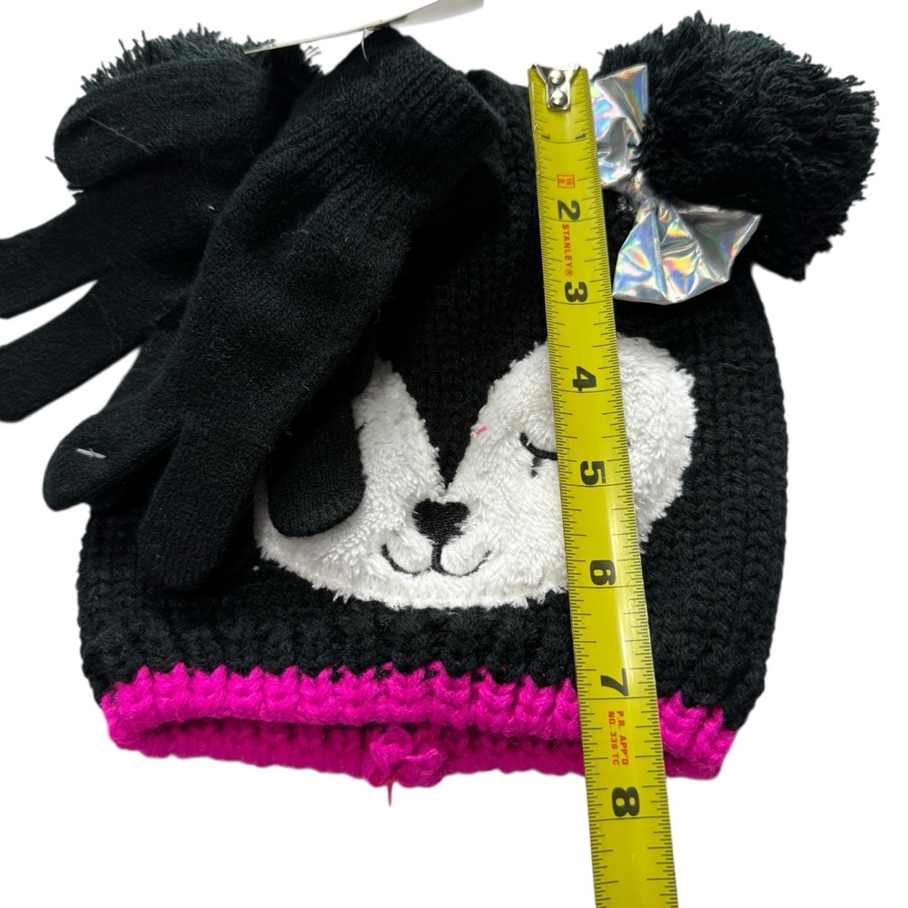 Girls' Winter Hat & Gloves Set Black Knit Critter Beanie with Silver Bow NWT - Picture 6 of 7
